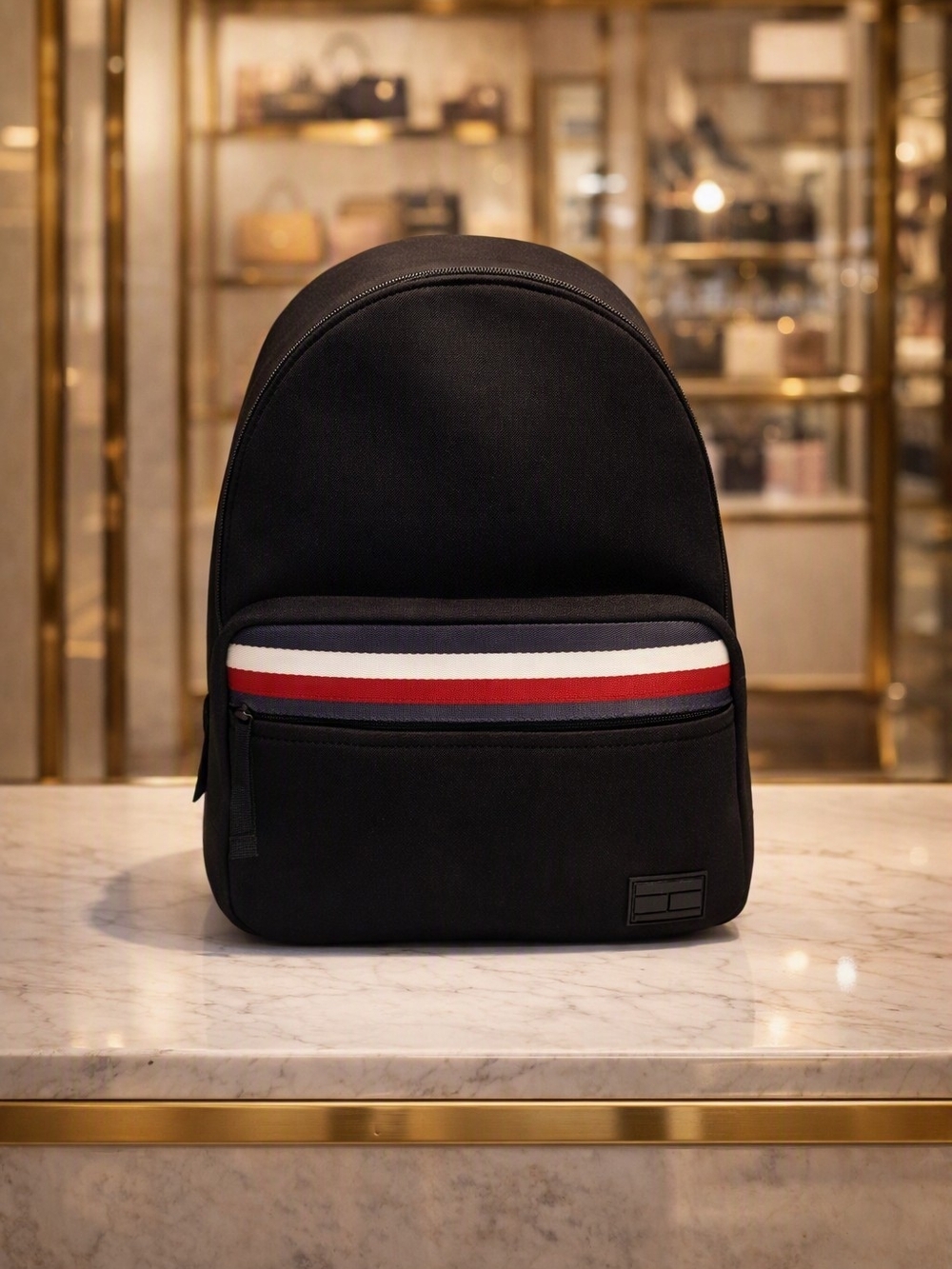 Black Men's Backpack with Red & White Stripe